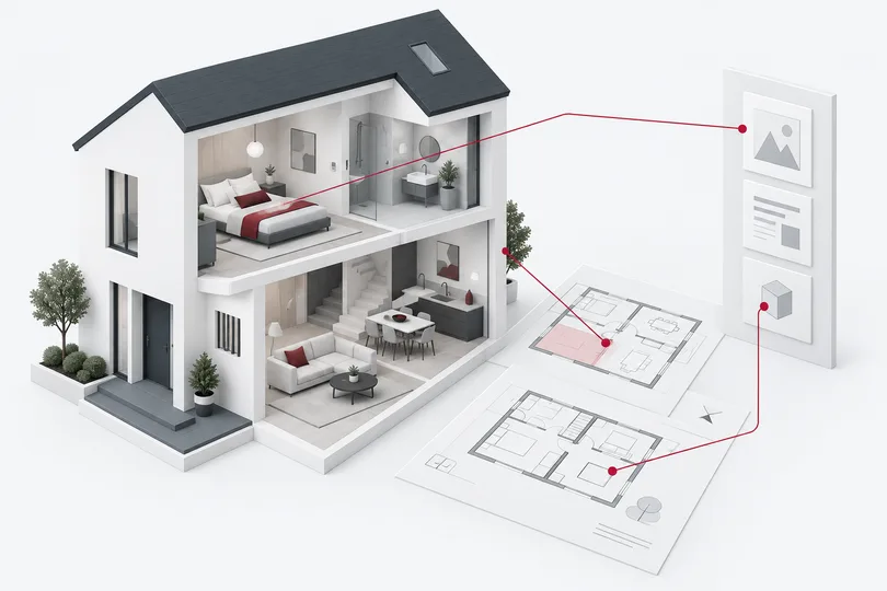Stylizovaný prostorový model domu vedle půdorysu a stavebních podkladů.